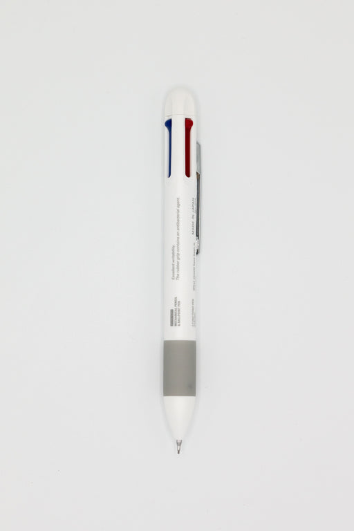 White multifunctional pen with mechanical pencil and a ballpoint pen with black, blue and red ink