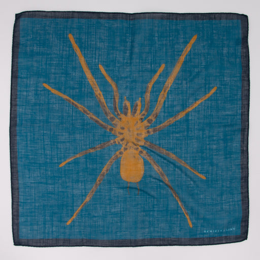 Yellow spider on blue cotton and linen square scarf