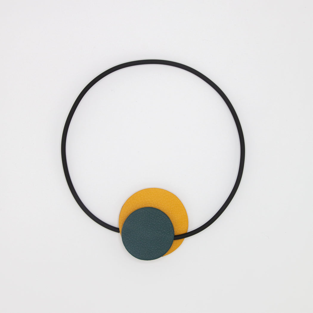 Black band choker necklace with yellow & blue leather circles
