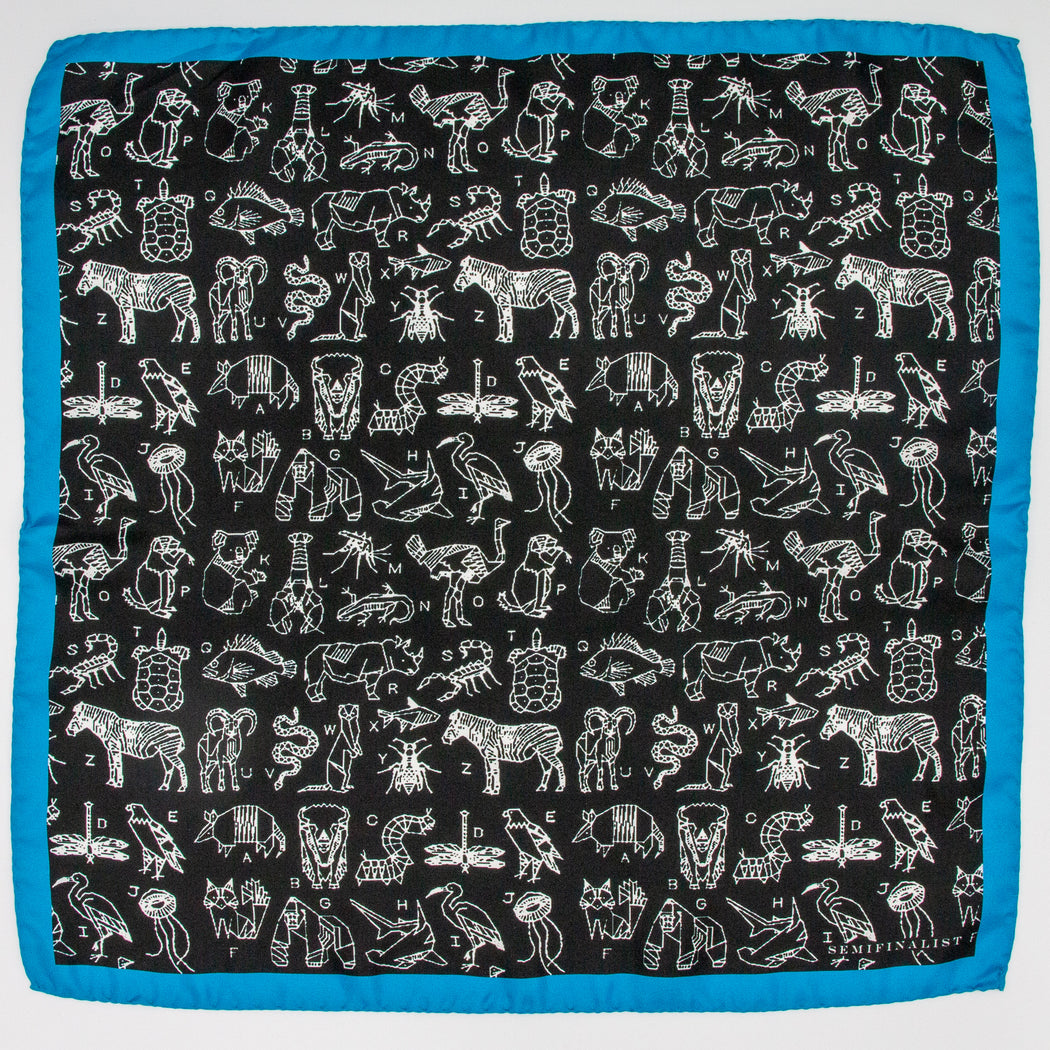 Black & white silk pocket square scarf with blue border