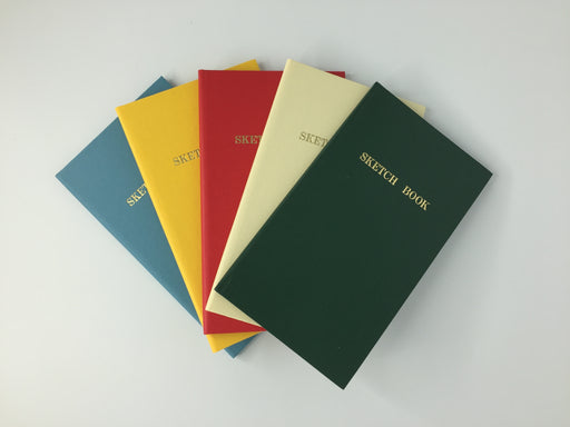 5 hardcover notebooks titled "Sketch Book" in green, off-white, red, yellow, and blue