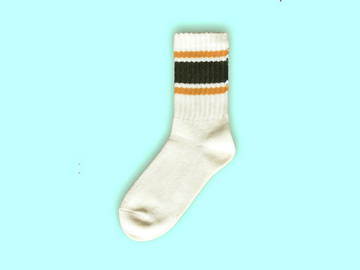 Off-white tube sock with green & mustard stripes