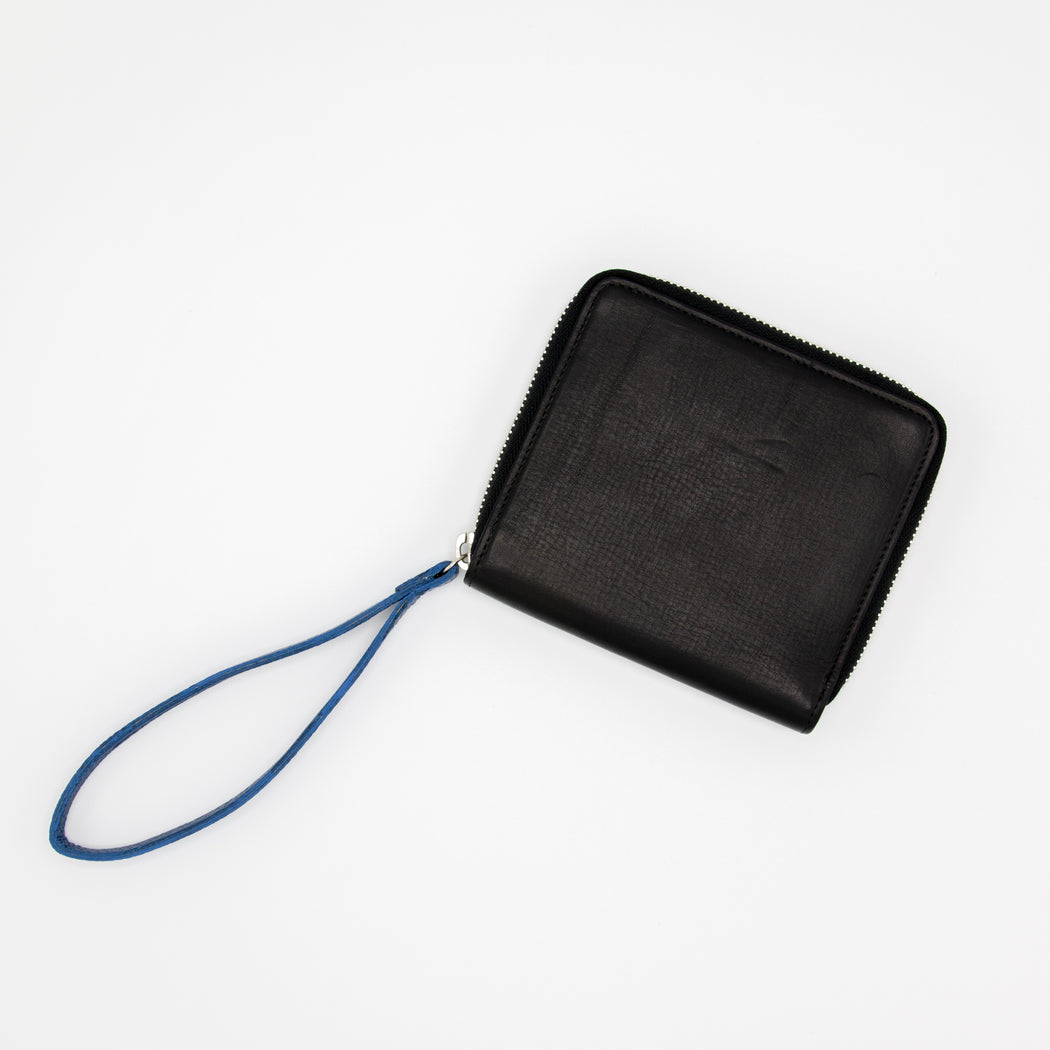 Black leather zip-around wallet with blue wrist strap