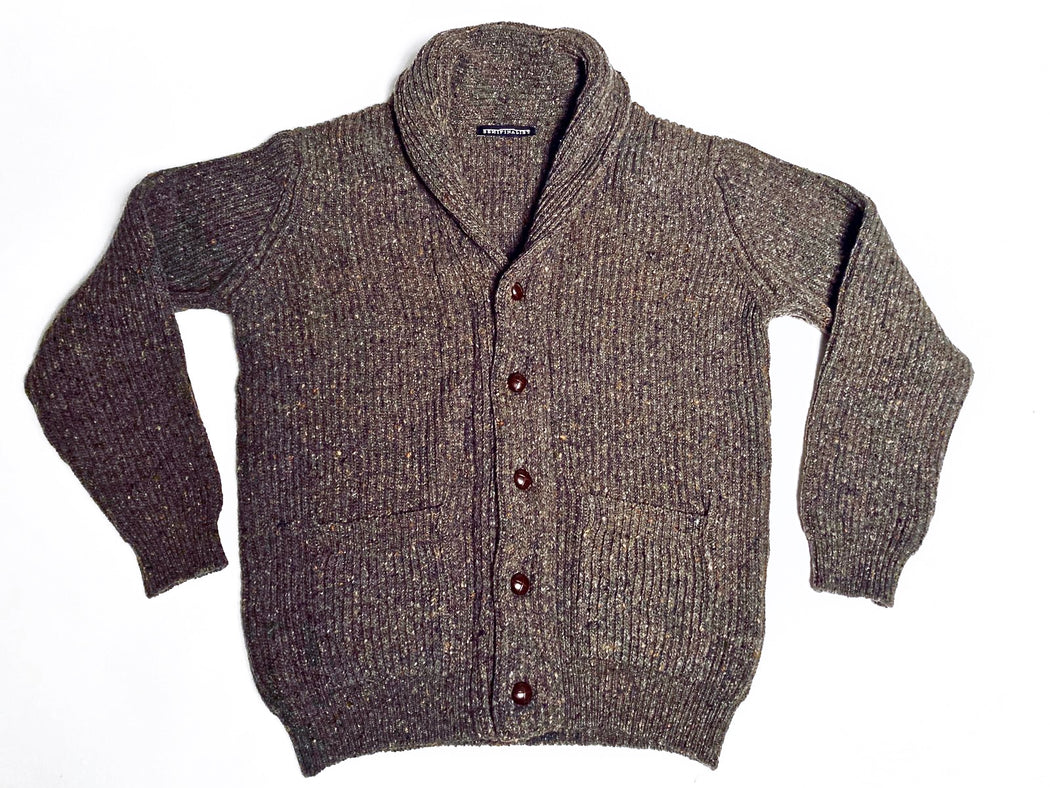 Brown/grey button-down sweater with 2 front pockets and shawl collar