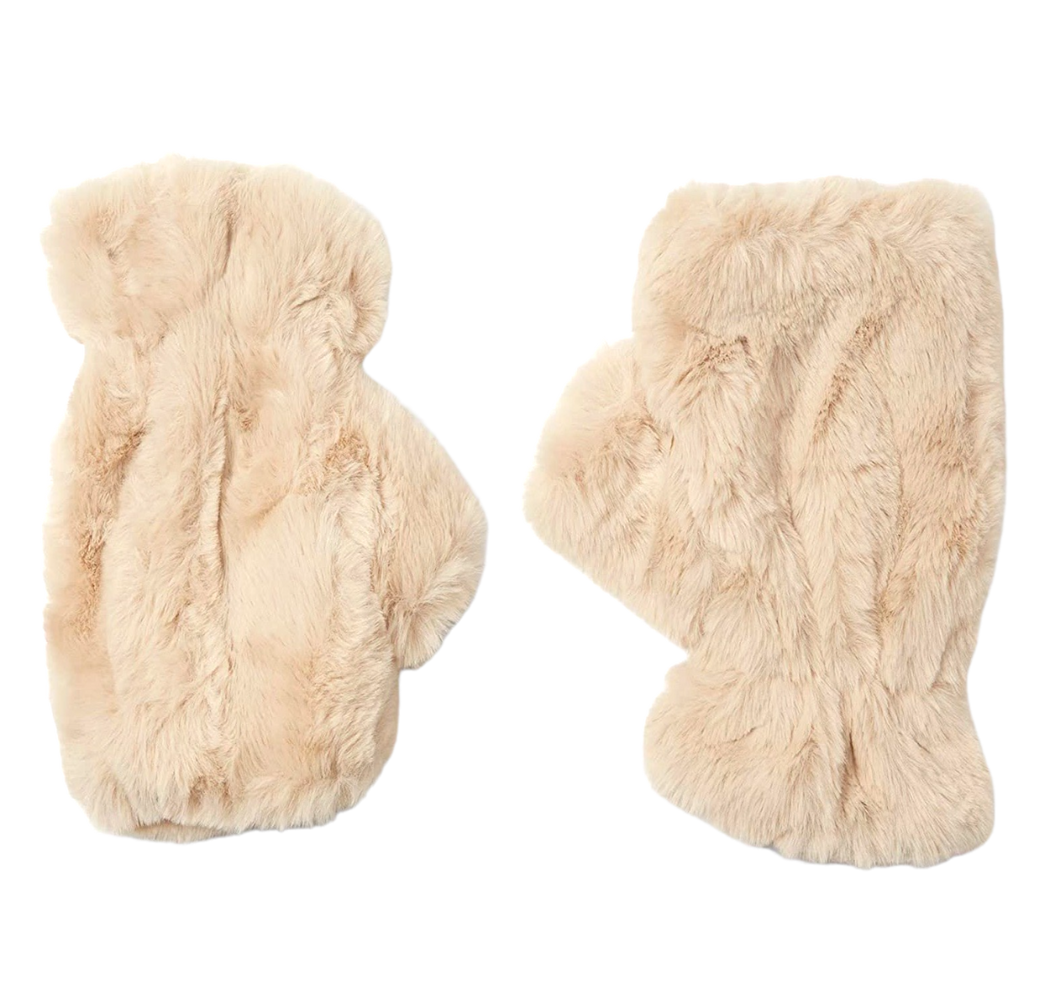 A pair of cream colored furry fingerless gloves