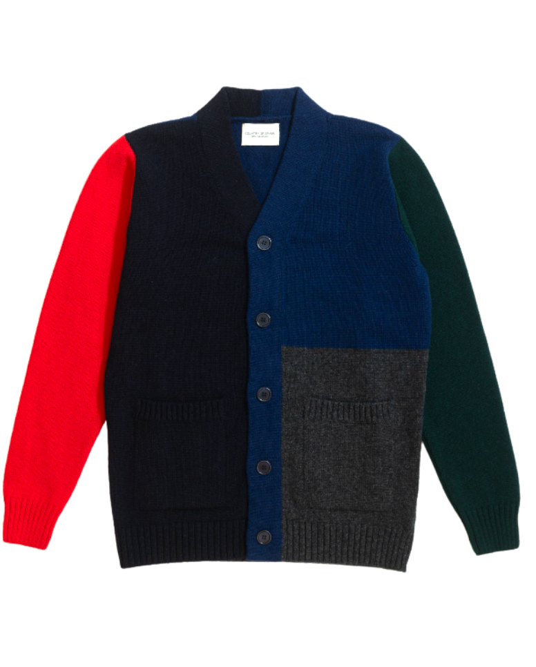 Multi-color (navy, grey, green, blue, red), multi-panel long sleeve cardigan sweater