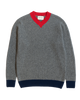 Grey V-neck wool sweater with red and blue trim 