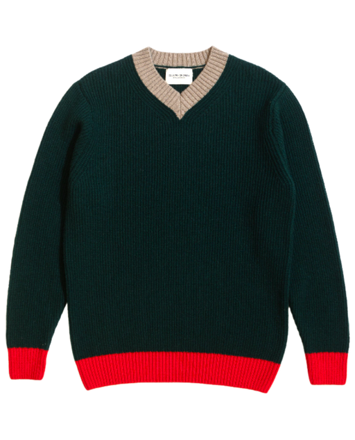 Green V-neck wool sweater with tan and red trim 
