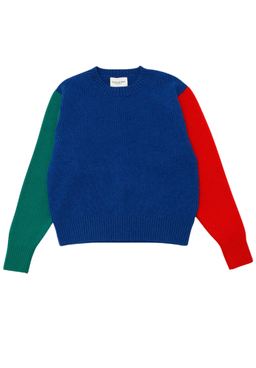 Long sleeve blue sweater with 1 green sleeve & 1 red sleeve