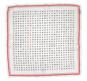 White silk scarf with red border and black word search letters, featuring the word "Semifinalist" in red