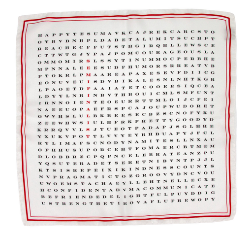 White silk scarf with red border and black word search letters, featuring the word "Semifinalist" in red