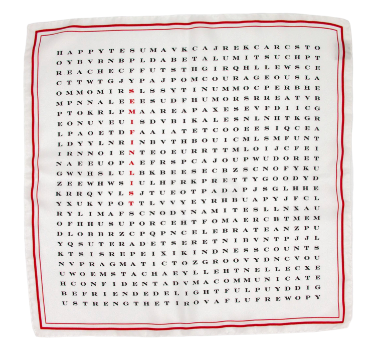 White silk scarf with red border and black word search letters, featuring the word "Semifinalist" in red