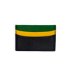 Navy leather card case with one green pocket and one yellow pocket