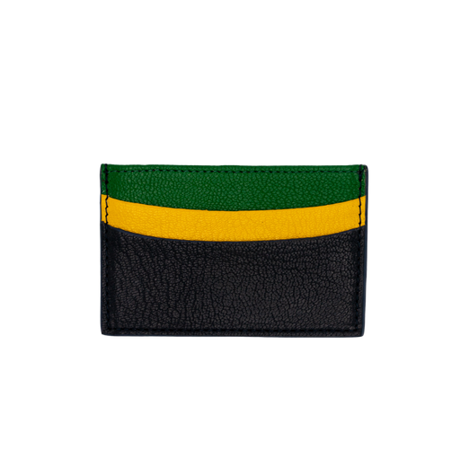 Navy leather card case with one green pocket and one yellow pocket