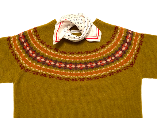 Olive green long sleeve sweater with red/burgundy/cream geometric yolk with scarf