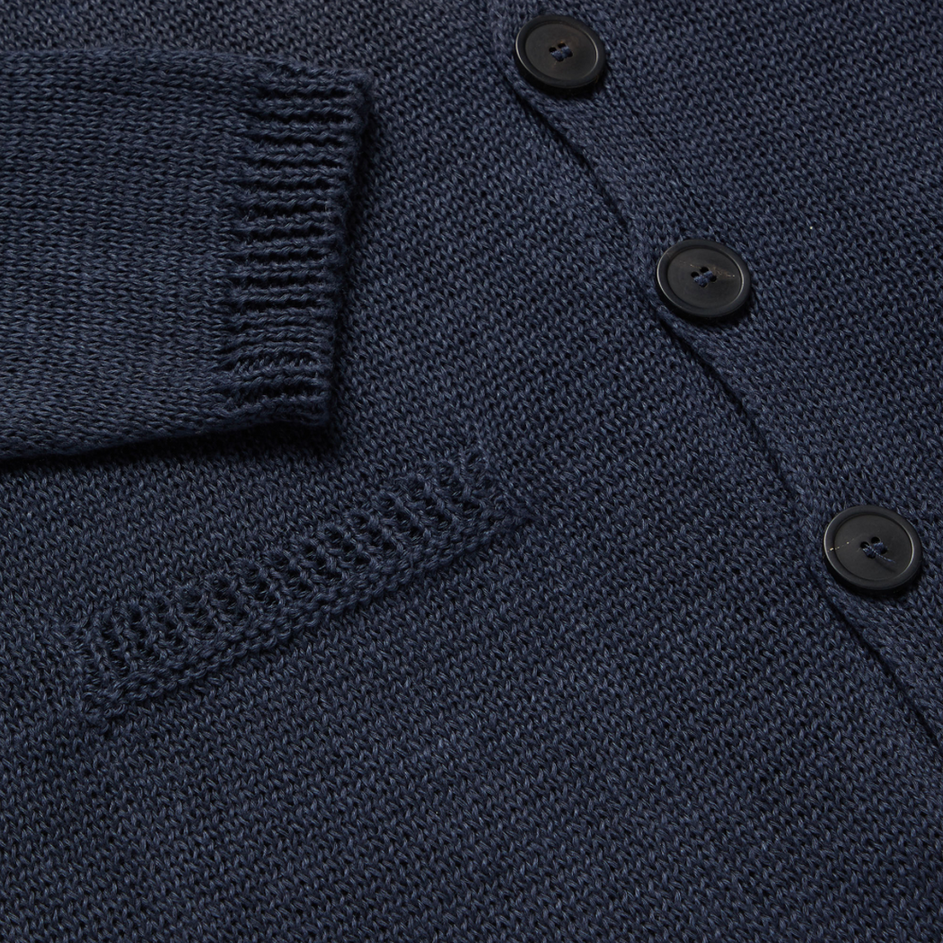 Close-up on dark grey cardigan buttons, sleeve edge & patch pocket