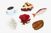 A completed jigsaw puzzle featuring a cup of coffee, a slice of pie, a fish, blue cheese, a red rose , and Durian fruit