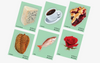 6 Sticker Sheets featuring Blue Cheese, Coffee, Cherry Pie, Durian, Fish, and a red Rose