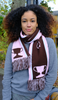 Female model wearing a brown & pink Semifinalist soccer scarf around her neck 