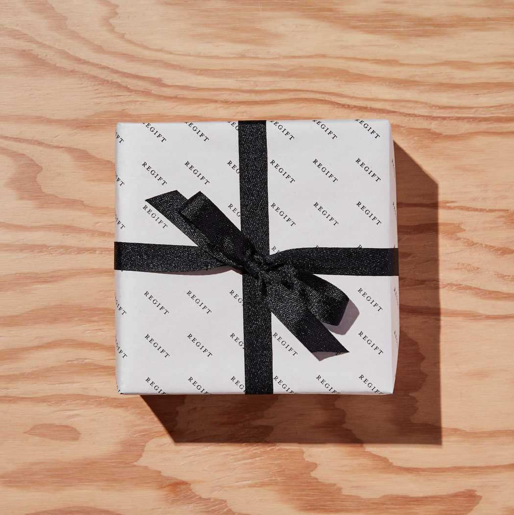 Black & white "Regift" wrapped box with black ribbon