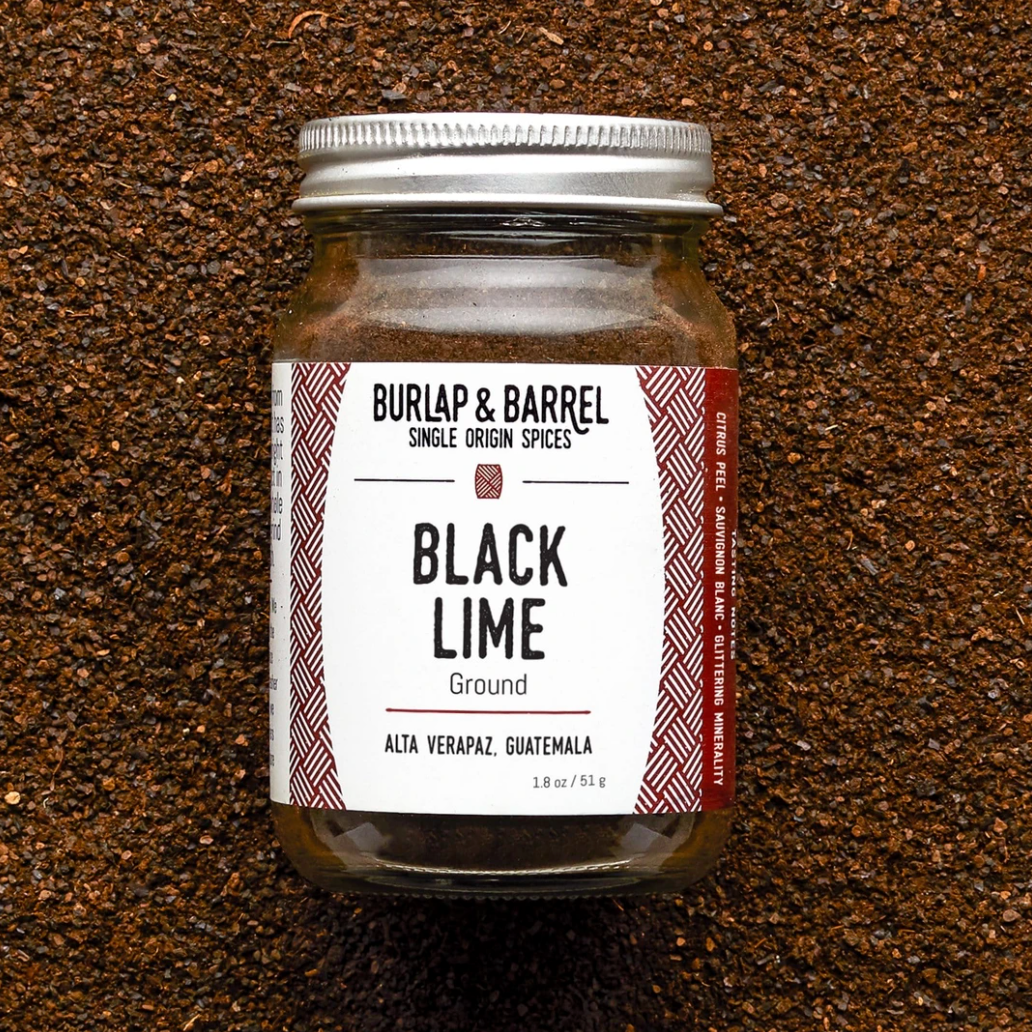 1.7 ounce glass jar of Ground Black Lime spice