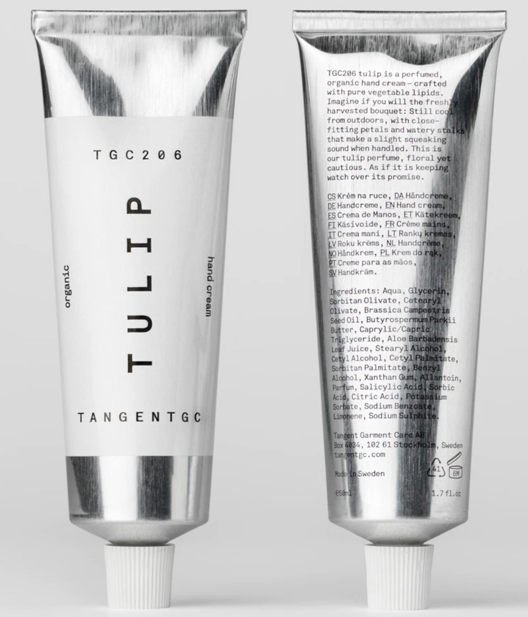 Tulip Organic Hand Cream, front & back of tube