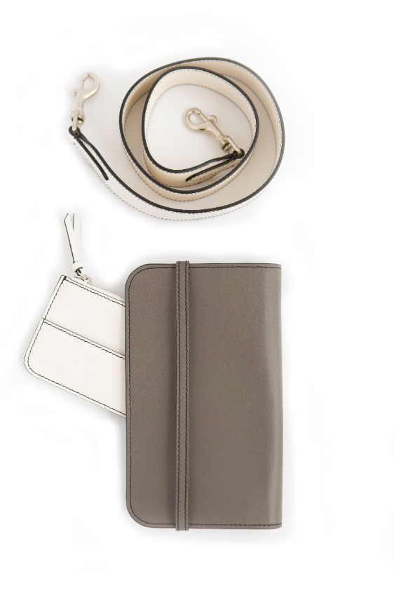 Grey leather wallet clutch, white interior card holder, white shoulder strap (detached)