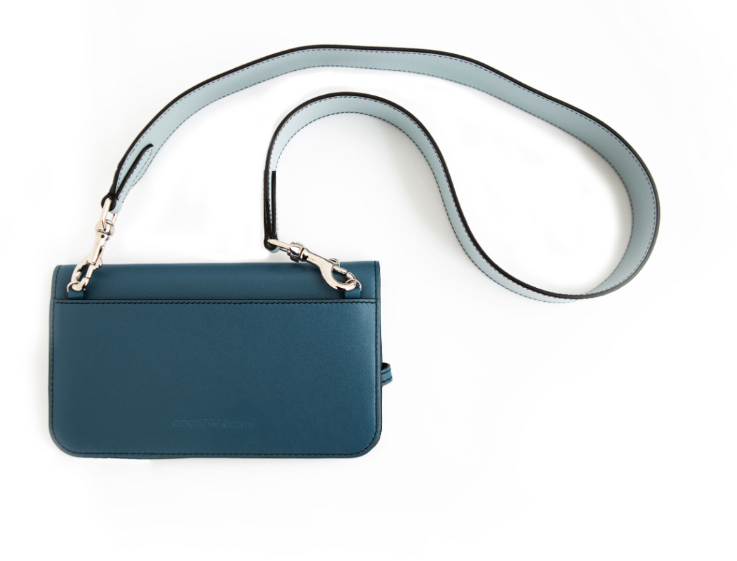 Back view: Blue leather wallet clutch with detachable light blue shoulder strap