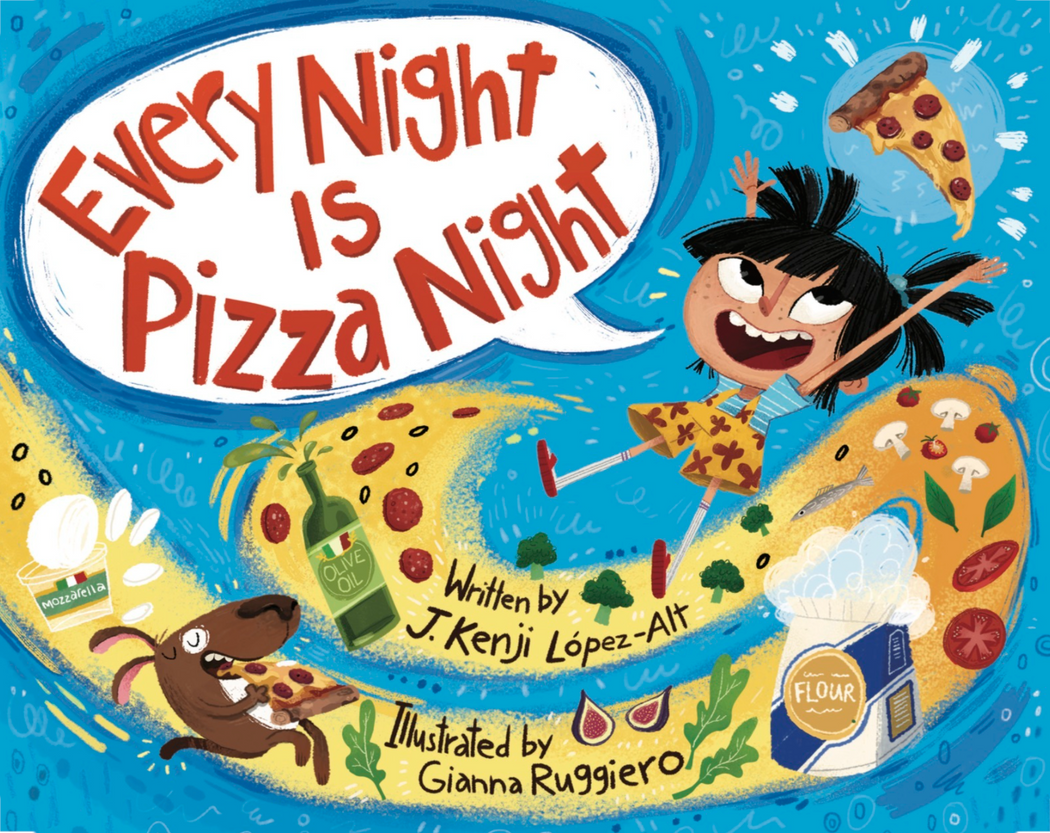 Animated book cover (Every Night Is Pizza Night by J. Kenji López-Alt and Gianna Ruggiero) with girl throwing a slice of pizza in the air