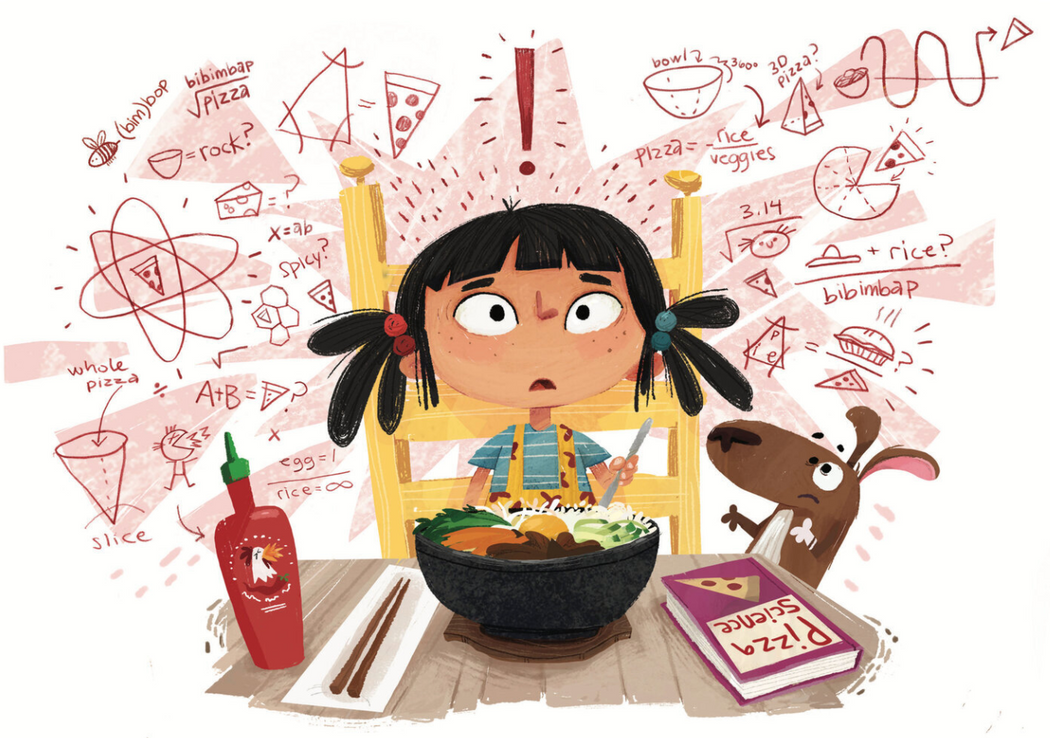 Animated book illustration of young girl sitting at dinner table