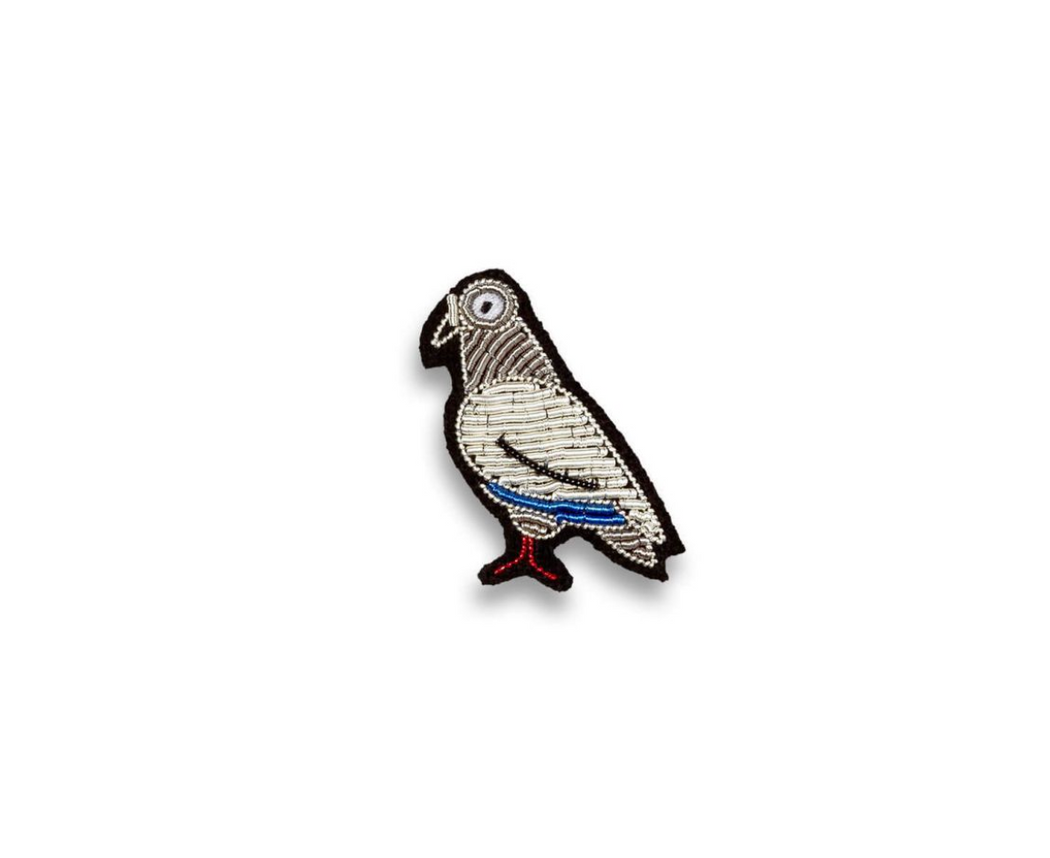 Grey & white pigeon embroidered pin