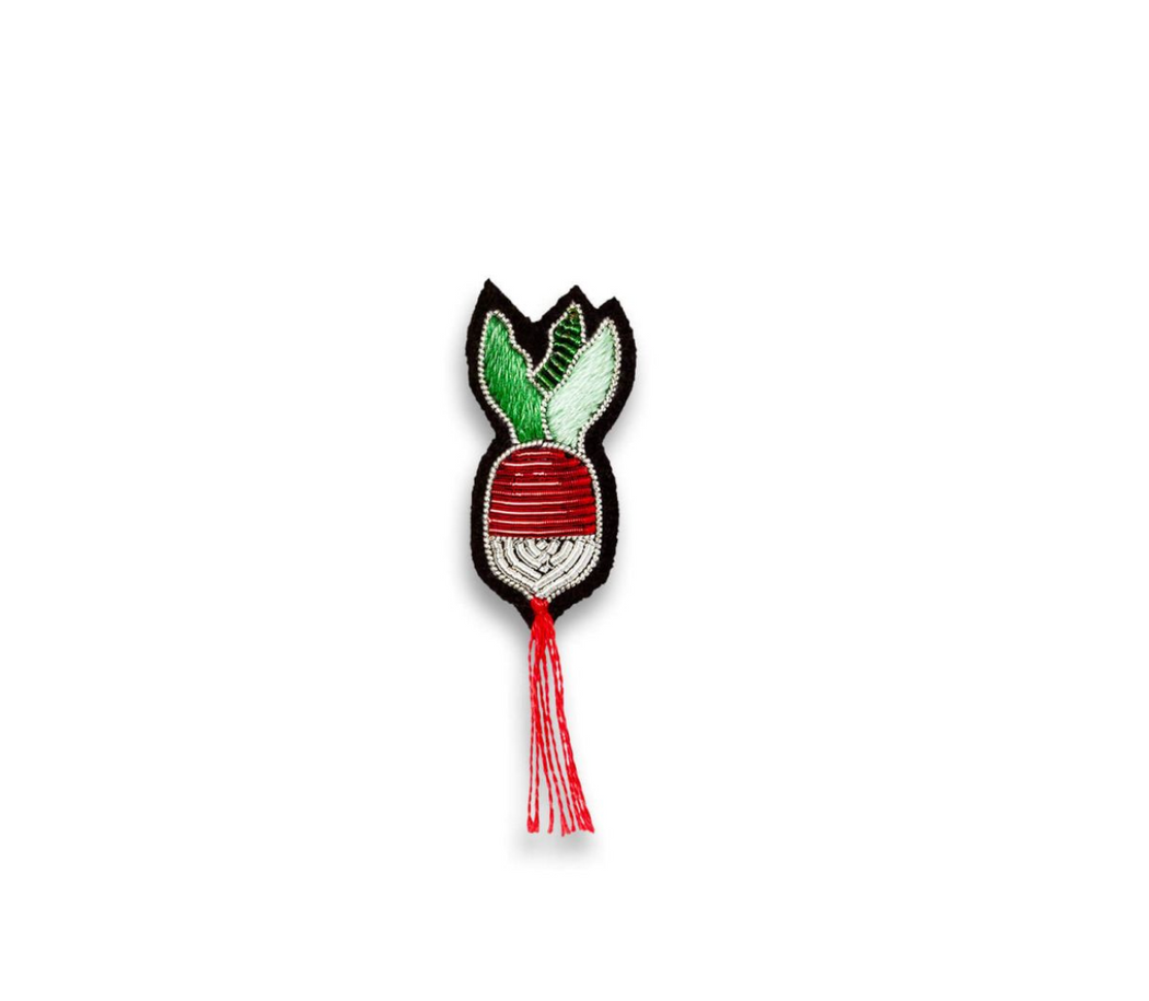 Red, white & green radish embroidered pin