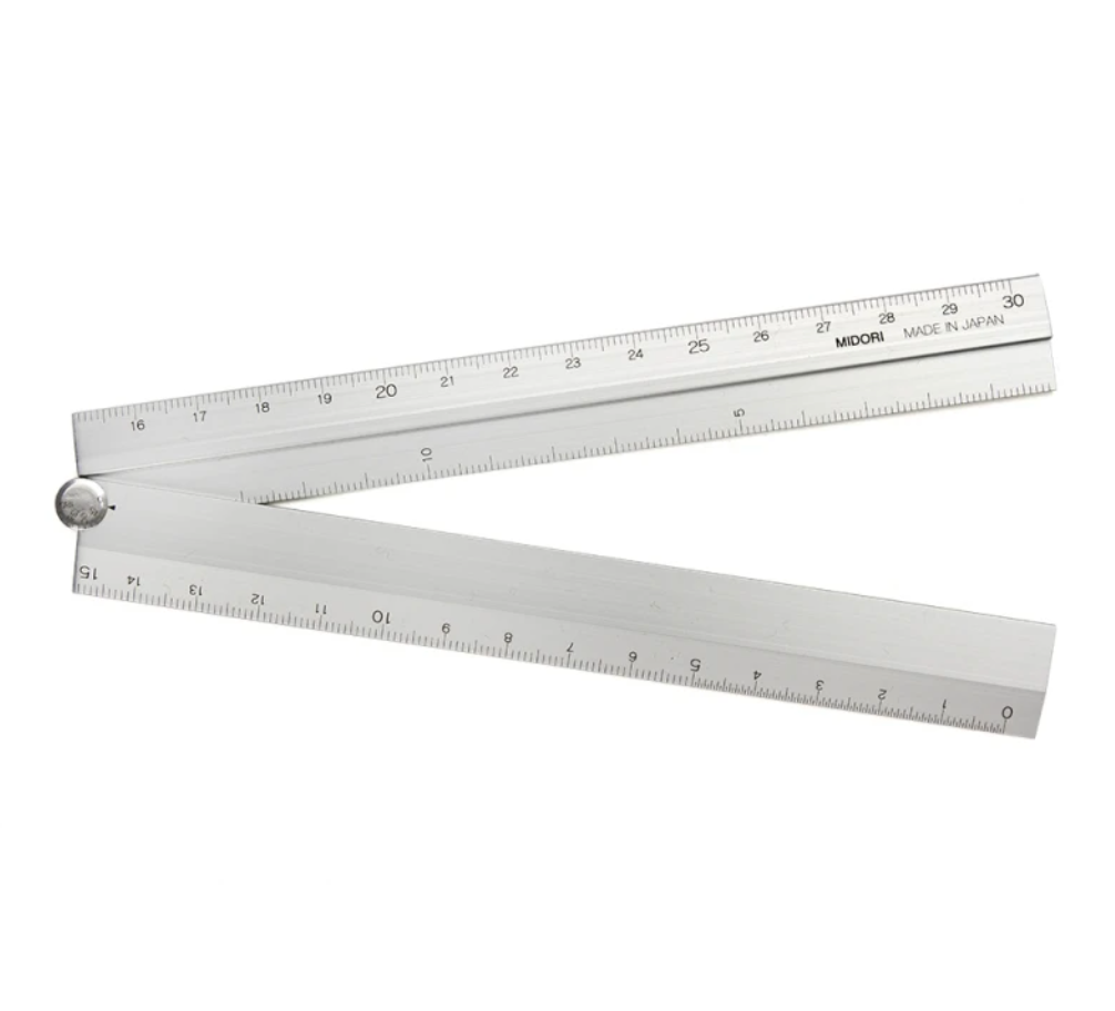 Aluminum metric ruler & protractor, in partial folded position
