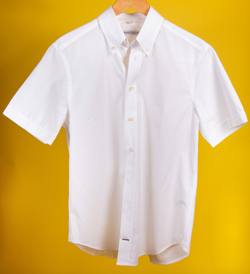 White short sleeve button down collar shirt on hanger
