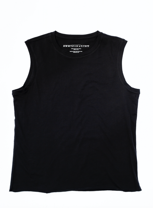 Black sleeveless crew neck t-shirt