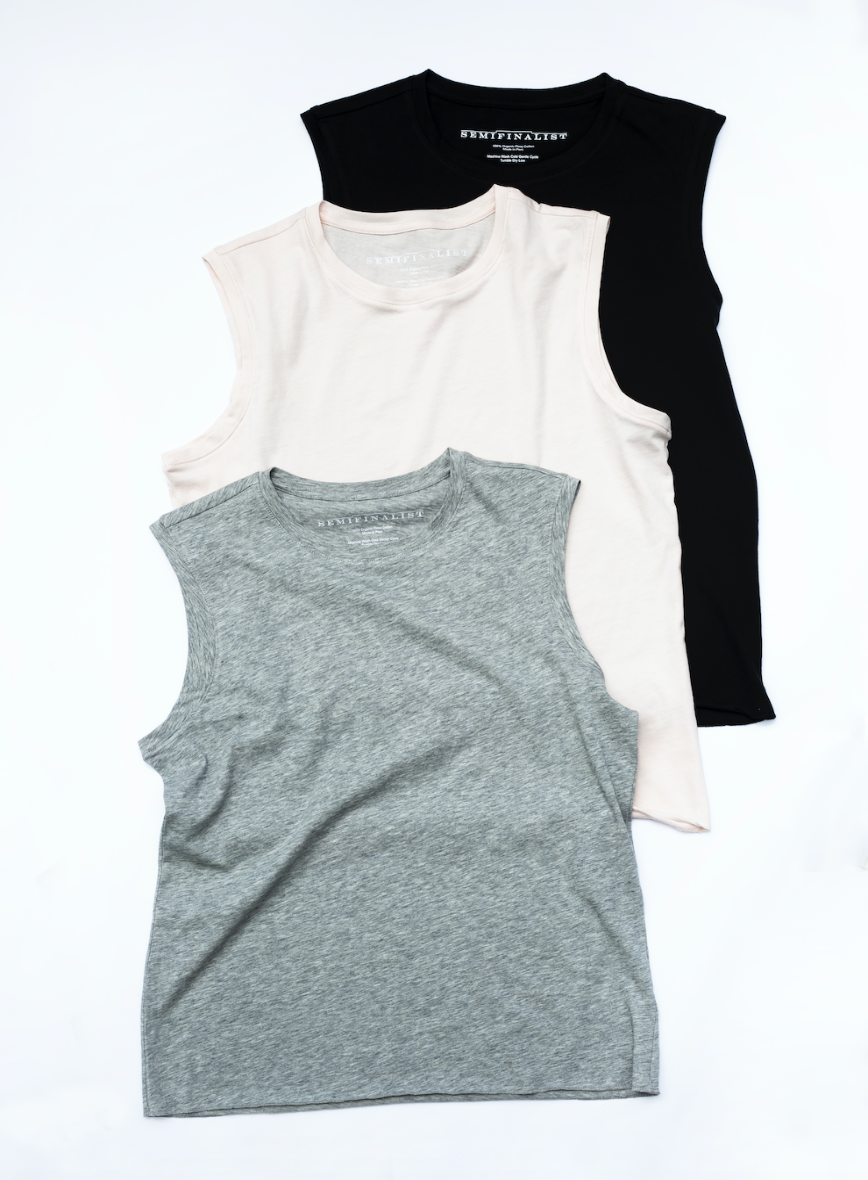 Grey, light pink & black sleeveless crew neck t-shirts
