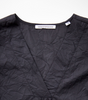 Close-up on V-neck collar & black crinkle cotton fabric