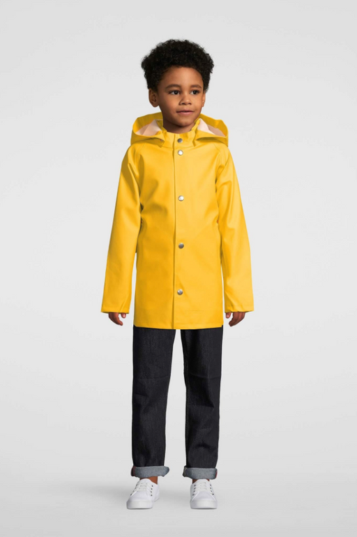 Model wearing yellow hooded children's raincoat