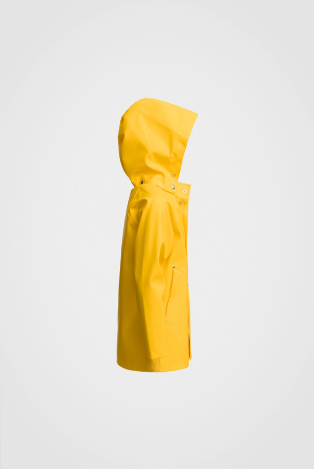 Side view:  Yellow hooded children's raincoat
