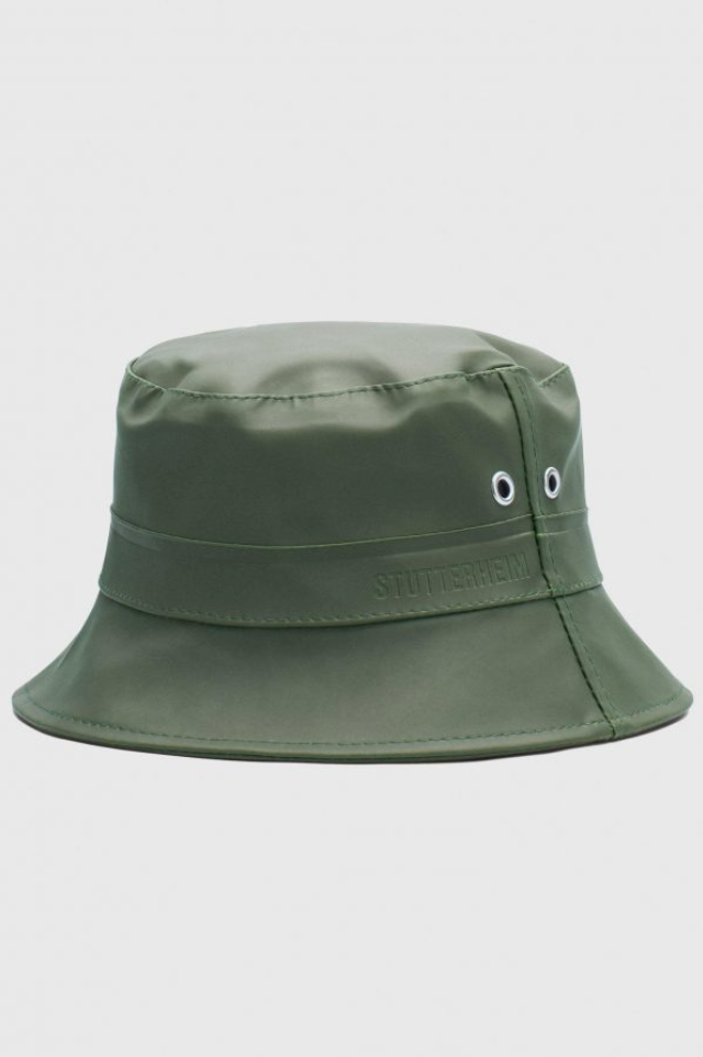Olive green bucket hat with 2 silver side grommets