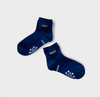 A pair of navy kids socks with yellow "LEFT" and "RIGHT" embroidered on ankle
