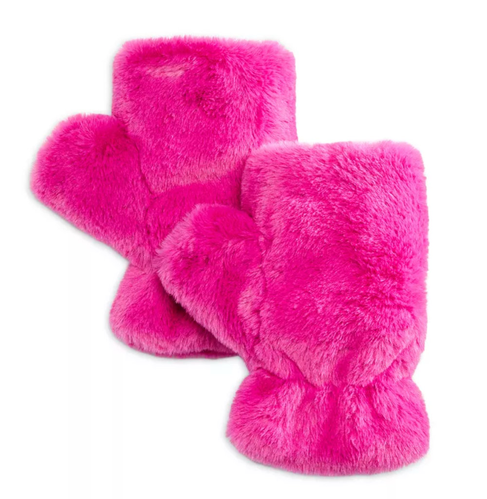 A pair of hot pink furry fingerless gloves