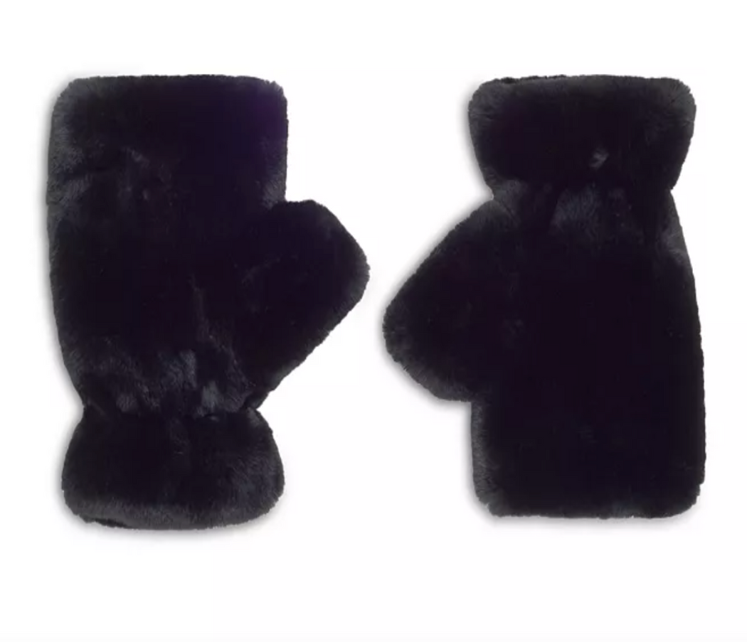 A pair of black furry fingerless gloves