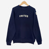Navy long sleeve sweatshirt with appliqué reading "FRITES" on front
