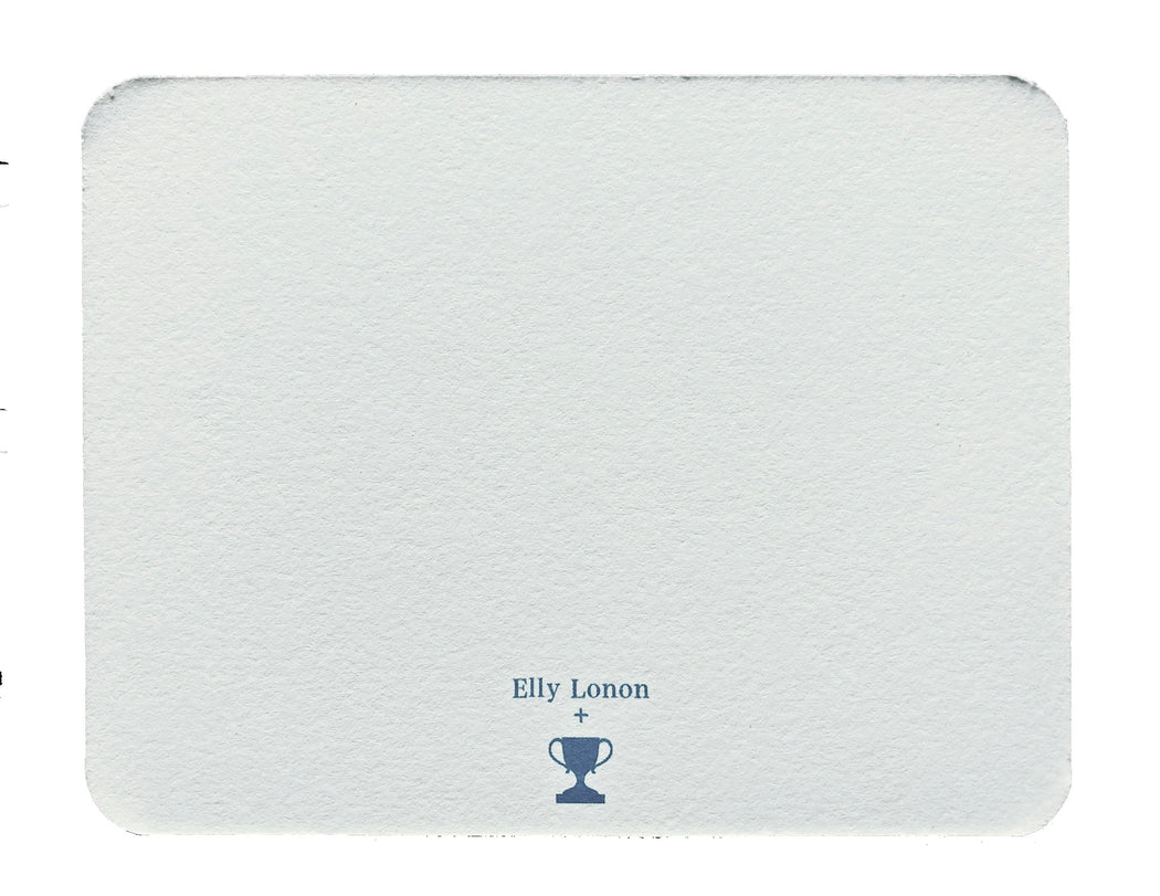 Reverse side of white note card with "Elly Lonon" logo on bottom