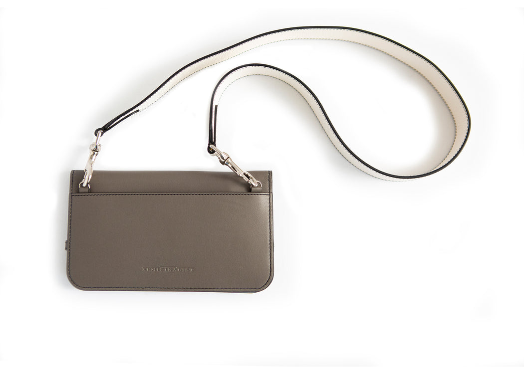 Back view: Grey leather wallet clutch with detachable white shoulder strap
