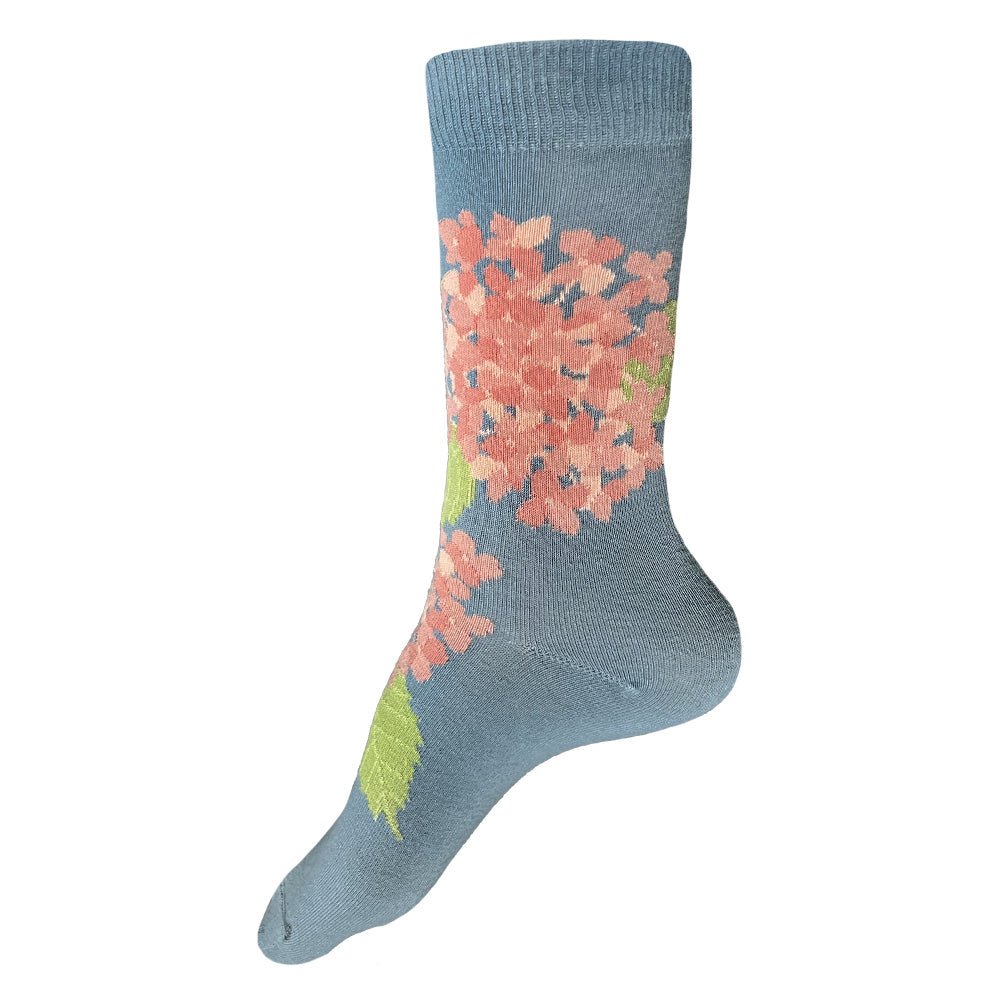 Blue grey women's sock with pink hydrangea design