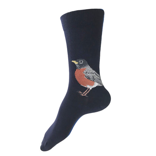 Dark navy knit sock with image of red-breasted robin on ankle