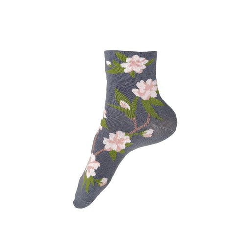 Grey ankle sock with pink cherry blossom & green leaf design