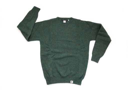 Dark green colored long sleeve wool crewneck sweater